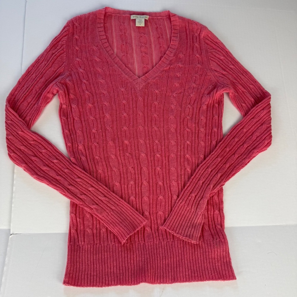 White + Warren Pink 100% Linen Cable Knit V-Neck Sweater Womens Small - Picture 6 of 6